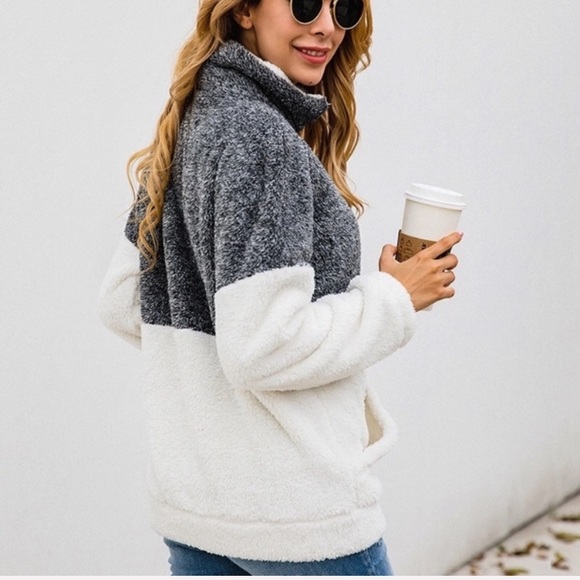 Plush Quarter Zip Grey Soft Cozy Fuzzy Pullover - Picture 3 of 7